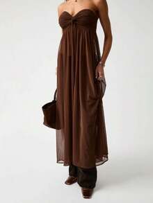 Women's Long Halter Tops Summer Fashionable Solid Color Mesh Patchwork Backless Sleeveless Vest - Coffee Brown - View 1