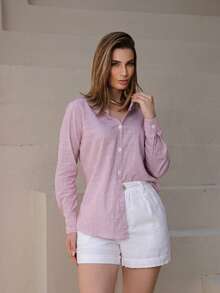 Women's Striped Cotton Linen Dress Shirt, Long Sleeve, Casual, Chic, Elegant, For Work, Travel, Office, Sophisticated - 玫瑰 - 查看 3