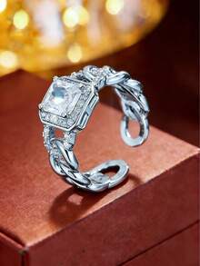 1pc Luxury Niche Design Chain Open Ring, Exquisite Zirconia Stone Band, Elegant Versatile Commuter Accessory - Open Ring - View 7