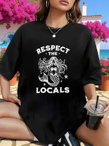 Minimalist. 100% Cotton. 1pac Leisure Women's Plus Size T-Shirt, Fashion All Seasons, Mermaid Art Print, Round Neck, Short Sleeves, Soft And Comfortable, Machine Washable, Ideal For Beach Vacation, Comfortable And Loose. Spring Summer Top - 黑色 - 查看 7