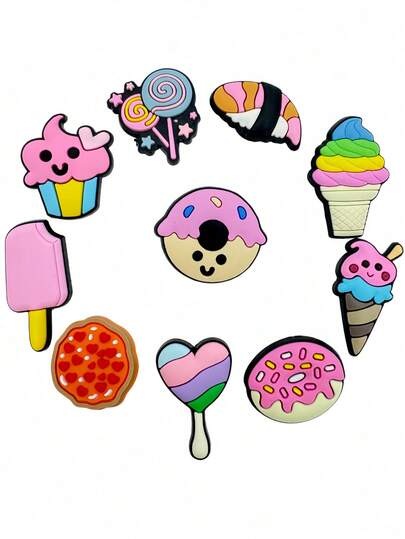 10pcs Donut Series Shoe Charms, Desserts, Ice Cream And Other Shoe Accessories, Suitable For Clogs, Sandals, Etc, PVC Material, Premium Quality Popular Accessories, Great Gift For Teens, Men, Women And Adults