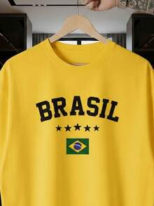 Unisex T-Shirt Supporting The Brazilian National Football Team, Green And Yellow, Short Sleeve, Men's And Women's, 100% Cotton, Casual, Crew Neck - 黃色 - 查看 2