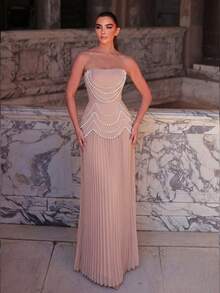 Faeriesty 女士无肩带串珠褶皱正式晚礼服，修身胸衣搭配后背系带设计，适合盛大晚宴、婚礼、红毯活动、周年纪念日和正式派对等场合，尽显优雅春日风情。 - 卡其色 - 查看 3