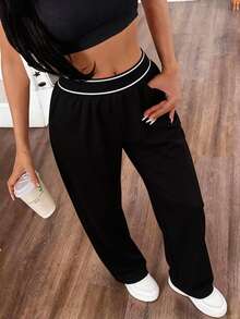 Women's Spring Outfits, Summer Outfits, Contrasting With Straight-Leg Sport Pants | Loose-Fitting Slim-Fit Sport Pants For Women, Suitable For Daily Walks | Creamy And Highly Elastic Straight-Leg Pants | Multi-Functional Style Suitable For Spring Commutes And Gym Workouts | Flowing Straight-Leg Sport Pants | Slim-Fit Casual Sport Pants For Women, Suitable For Daily Casual Wear With A Minimalist Style, Machine Washable And Hand Washable. - 黑色/材質升級 - 查看 3