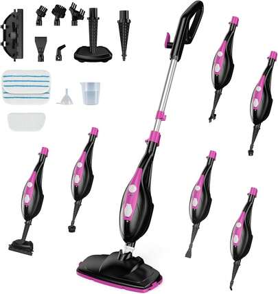  Sweetcrispy 10-In-1 Steam Mop, 1550W Detachable Handheld Steam Cleaner For Floor Cleaning, 16FT Cord, 2 Washable Pads, Multi-Purpose Floor Steamer For Hardwood, Carpet, Tile, Grout, Windows