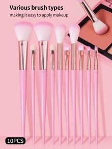 10Pcs Soft Pink Makeup Brushes Set Synthetic Hair For Blush, Eyeshadow, Concealer & Brow - Pink - View 2