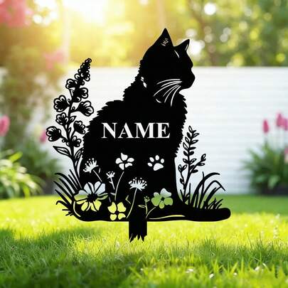 1pc Personalized Floral Metal Cat Memorial Garden Stake - Customized Engraved Pet Gravestone With Name, Date And Message, Outdoor Decor, Weather-Resistant Design, Easy Installation, Thoughtful Condolence Gift, Cat Memorial