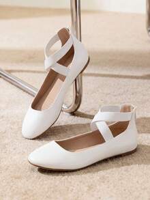 Women's Flats With Back Zipper Fashion Comfortable And Lightweight Cross Elastic Ankle Straps Daily Dressy Commuting Elegant Ballet Flats Shoes - 白色 - 查看 2