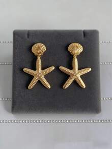1 Pair European And American Style Vacation Layered Shell & Starfish Dangle Earrings, Exaggerated Long Earrings For Women, Unique Metal Earrings - Yellow Gold - View 2