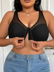 1pc Plus Size Front Closure Bra, Mesh Panel Wide Strap Non Underwire Bra, Comfort Support Everyday Wear Women Intimates Lingerie - Black - View 2