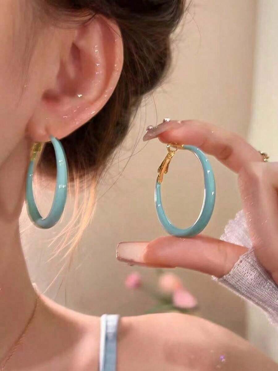 1 Pair Of High-End Classic Blue-Gray And Candy-Colored Hoop Earrings, Fashion Accessories For Women/Girls, Elegant Jewelry Earrings - 灰藍色 - 查看 1