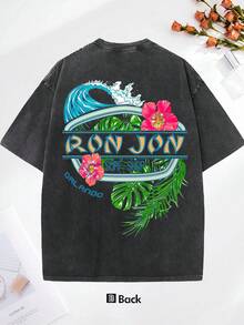 2026 Summer Vintage Wash Tee, Orlando, Hibiscus Print, Wave Graphic, Tropical Leaf, Oversized Fit, Short Sleeve, Crew Neck, Washed Black, Surf Style, Retro Logo, Men's Top, Casual Wear, Beachwear, Summer Clothing - 黑色 - 查看 2