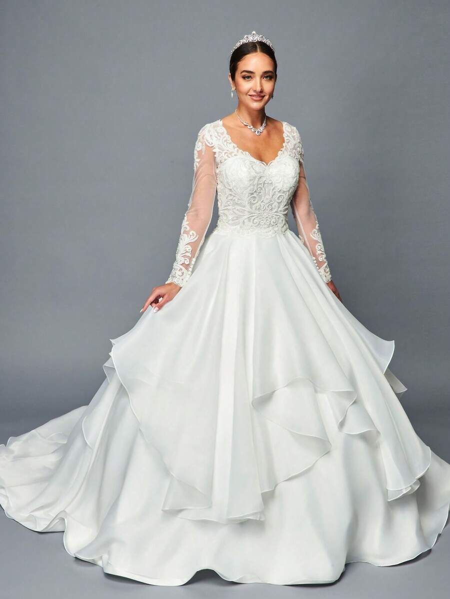 Elegant V-Neck Long Sleeve Lace Appliqué Wedding Dress, Corset Back Ruffled Organza Ball Gown With Chapel Train, Bridal Gown For Church Wedding, Garden Wedding, Formal Events, All-Season Timeless Classic Style - 白色 - 查看 1