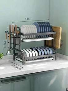 Étagère de cuisine à 3 niveaux avec drainage rapide, comprenant un support pour couteaux et fourchettes, un support pour planche à découper, un rack de rangement multifonction pour bols et assiettes, un cadre métallique élégant, un organisateur de cuisine durable - Noir - Voir 8