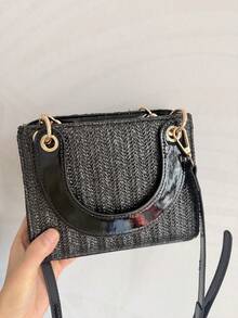 夏季新款时尚草编包，百搭小方包，女士单肩斜挎包，通勤百搭款 - 黑色 - 查看 3