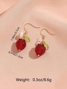 一对可爱树叶、花朵、草莓树脂吊坠耳环，创意甜美水果吊坠耳环，适合女性日常佩戴和度假佩戴 - 紅色 - 查看 4
