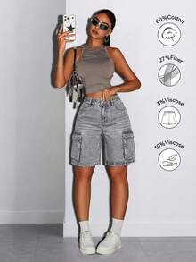 Short en jean cargo vintage streetwear pour femmes, coupe droite, sans stretch, short en jean d'été pour tenue quotidienne, tenue de vacances décontractée pour femmes - Gris pâle - Voir 6