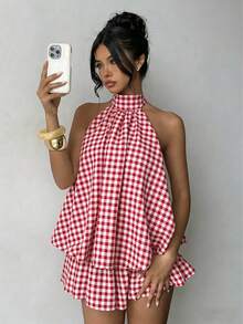 Đầm ngắn thanh lịch dành cho nữ, họa tiết kẻ caro, thiết kế hở lưng với dây đeo mảnh, phong cách Bohemian, màu đỏ mùa hè. - Đỏ - Xem 1