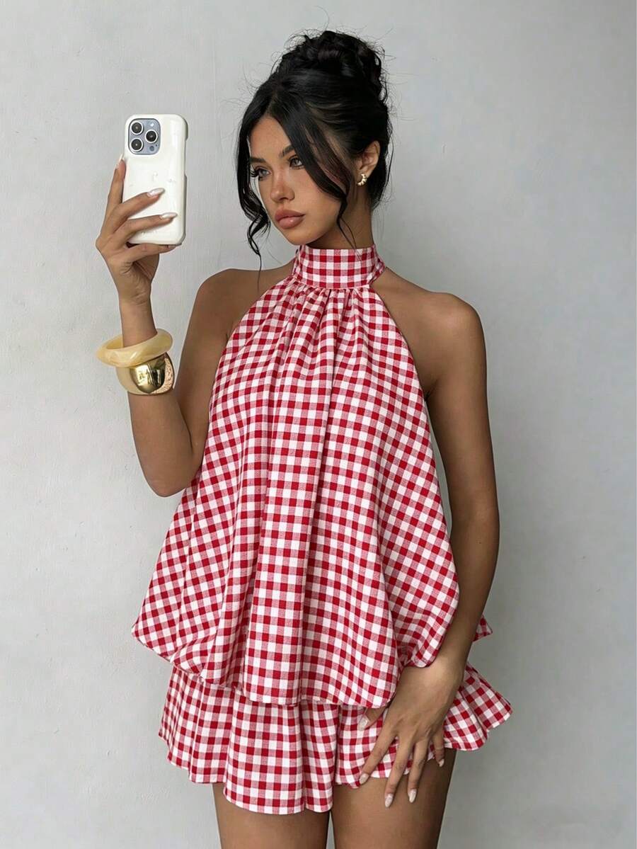 Đầm ngắn thanh lịch dành cho nữ, họa tiết kẻ caro, thiết kế hở lưng với dây đeo mảnh, phong cách Bohemian, màu đỏ mùa hè. - Đỏ - Xem 1