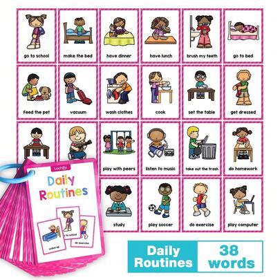 Lachilly 38pcs Children's Daily Habit Learning Flashcard Set, Visual Vocabulary Cards, Montessori Early Education Toys, Suitable For Home And Teacher Use, Including Morning And Evening Daily Habit Learning Materials