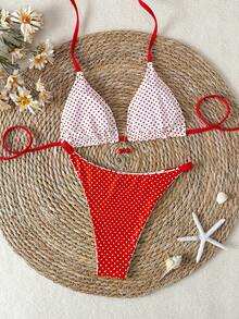 Women's Reversible Polka Dot Printed Bikini 2 Pieces Set, Fashionable Elegant Sexy Summer Beach Pool Party Swimwear Vacation - Red and White - View 6