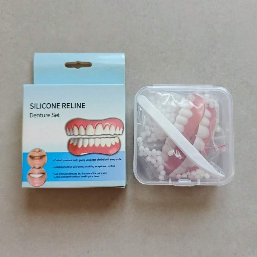 全新升级硅胶假牙套装，男女通用上下颌假牙，牙齿替换美容器，舒适可重复使用，可调节，外观自然，适合日常佩戴、派对、婚礼、情人节、母亲节、父亲节、圣诞节等各种场合，自信迷人。 - 盒裝牙貼 - 查看 1