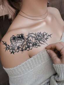 3 Sheets Big Size Body Art Temporary Tattoo Stickers For Both Men And Women With Patterns Including Thorns, Flowers, Swords And Butterflies. Waterproof Fake Tattoo That Lasts 2-5 Days And Can Be Attached To Arms, Neck, Shoulders, Back, Waist And Legs. Ideal For Festivals, Parties, Gift Giving And Music Festivals To Quickly Create A Personalized Tattoo. - Black - View 2