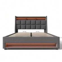(=AB20122930G) Upholstered Bed With USB Port 180x200cm, Double Bed With LED Lighting, Metal Slatted Base, Linen Bed Frame, Children's Bed (Mattress Not Included) - Grey - View 4