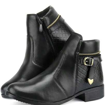 Bota Feminina Cano Curto Confortável Salto Baixo Casual Elegante Estilosa Zíper Lateral Inverno