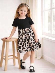 女童二合一拼接连衣裙，黑色罗纹短袖上衣+豹纹喇叭裙，时尚休闲百搭 - 黑色 - 查看 4