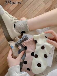2/5 Đôi tất nữ chấm bi xếp nếp cổ ngắn - Tất ngắn đến bắp chân dễ thương, ngọt ngào, bộ tất ngắn thoải mái thường ngày - Nhiều màu - Xem 1