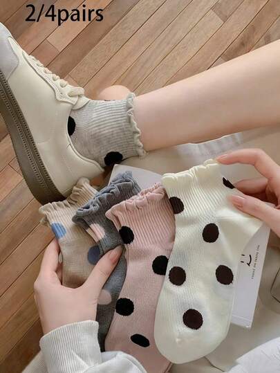 2/5 双装女士波点荷叶边短袜 - 可爱甜美中筒袜，休闲舒适短袜套装