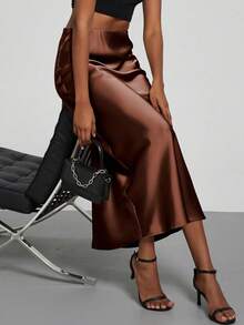 Se-Helo Women's Fashion All-Season Satin Elastic Waist Skirt - Chestnut Brown Spring Elegant - Chestnut Brown - View 3