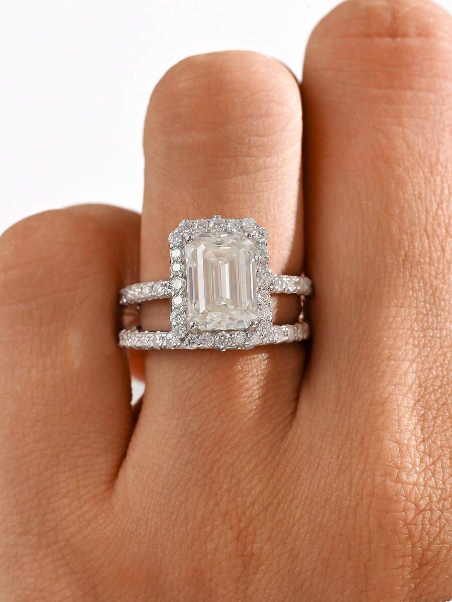 2pcs S925 Sterling Silver Square Cubic Zirconia Jewelry Ring Set, Suitable For Wedding, Engagement, Daily Wear, Wedding Season Gift - Silver - View 1