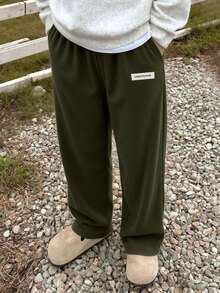 1件青少年男童宽松休闲运动纯色百搭灯芯绒直筒裤 - 軍綠色 - 查看 7