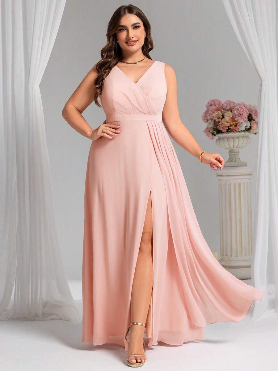 Plus Romantic V Neck Sleeveless Ruched Bust High Split Bridesmaid Dresses For Wedding Party Wedding Guest - Pink - View 1