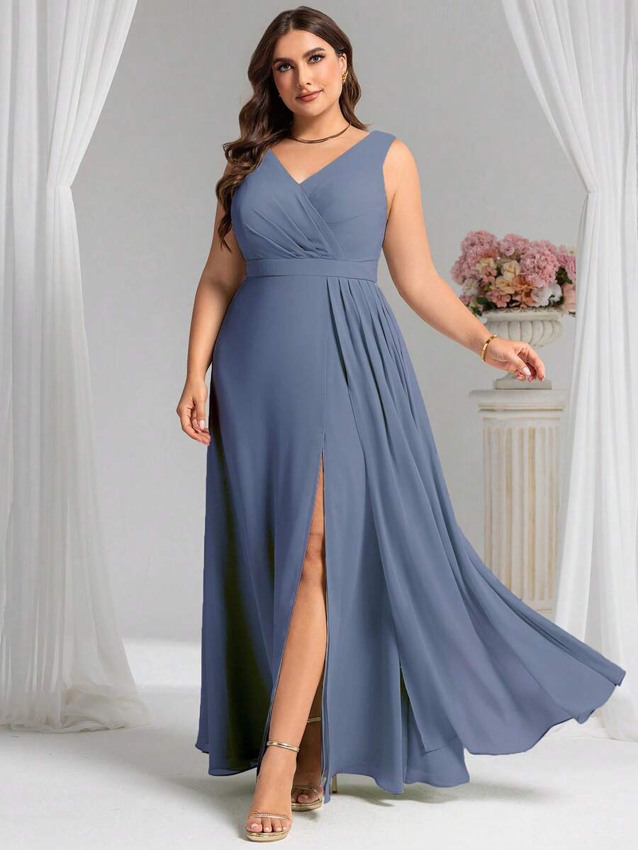 Plus Romantic V Neck Sleeveless Ruched Bust High Split Bridesmaid Dresses For Wedding Party Wedding Guest - Dusty Blue - View 1