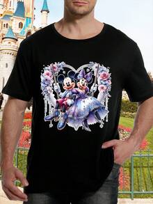 Disney 1pc Men's Mickey Mouse & Minnie Mouse Cartoon Print Short Sleeve T-Shirt, Round Neck, Stretchy, Suitable For Daily Wear, Easy Care Material, Fashionable Casual Men's T-Shirt, Short Sleeve Tee - Black - View 3