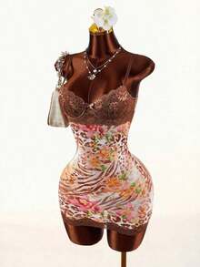 Amplova Lace Cup Detail Tropical Floral Mesh Bodycon Mini Dress Lace Trim Dress,Party Dress - Multicolor 2 - View 4