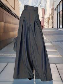 Celana Panjang Formal Wanita Bahan Polyester Berlipit dengan Detail Rantai, Celana Panjang Elegan Tidak Melar untuk Musim Gugur - Grey - View 1
