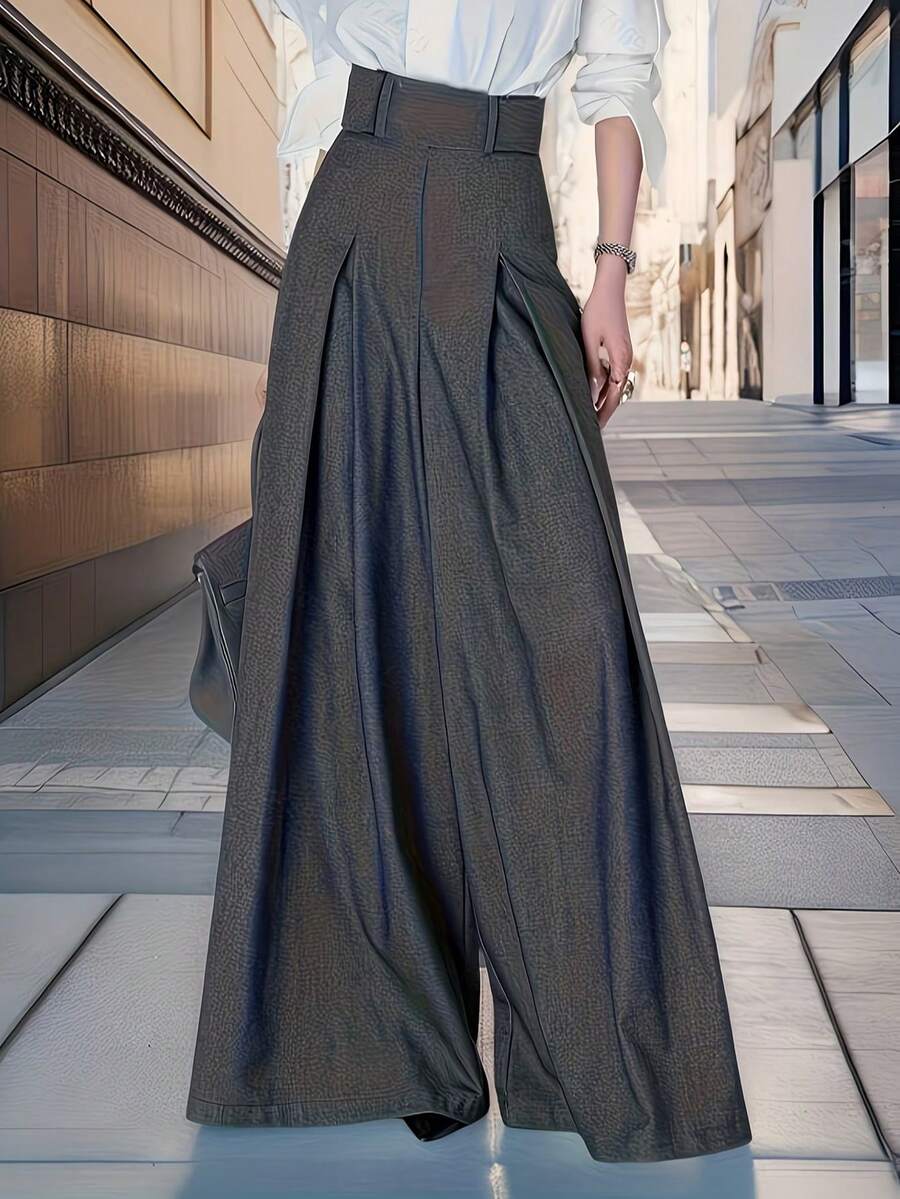 Celana Panjang Formal Wanita Bahan Polyester Berlipit dengan Detail Rantai, Celana Panjang Elegan Tidak Melar untuk Musim Gugur - Grey - View 1