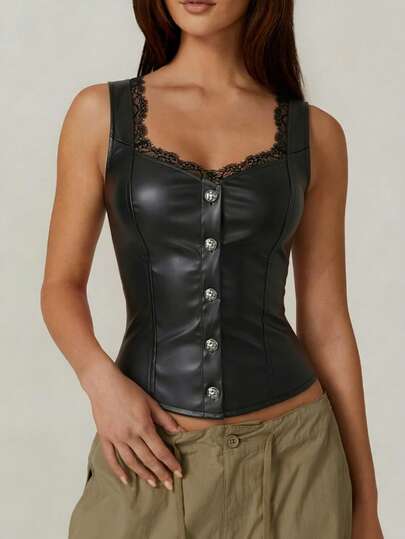 Áo khoác nữ không tay phối ren da, áo vest da PU, thích hợp cho hẹn hò, màu đen xuân hè.