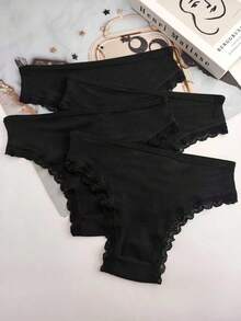 4条装女士黑色蕾丝边柔软弹力T字型三角裤 - 黑色 - 查看 2