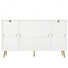 Commode, buffet ; avec 2 tiroirs et 4 portes ; étagères réglables, convient pour le salon et la cuisine ; tons blancs et naturels, dimensions : L 140 x P 35 x H 82 cm - Blanc - Voir 9