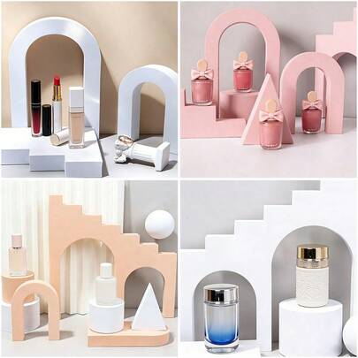 Conjunto de fondos de fotografía con diseño de escalera geométrica, agujero de puerta y cubo para fotografía de cosméticos, joyería y decoración