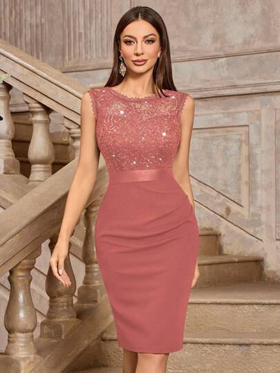 MIUSOL Abito aderente da cocktail con scollo rotondo, senza maniche, con fiori in pizzo e paillettes, elegante abito estivo da donna