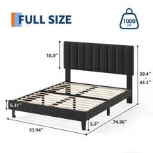 Full Size Bed Frame With Adjustable Height Headboard, Upholstered Platform Bed Frame With Vertical Channel Tufted Design, Sturdy Wooden Slats For Noise-Free Support, No Box Spring Needed - Black - View 2