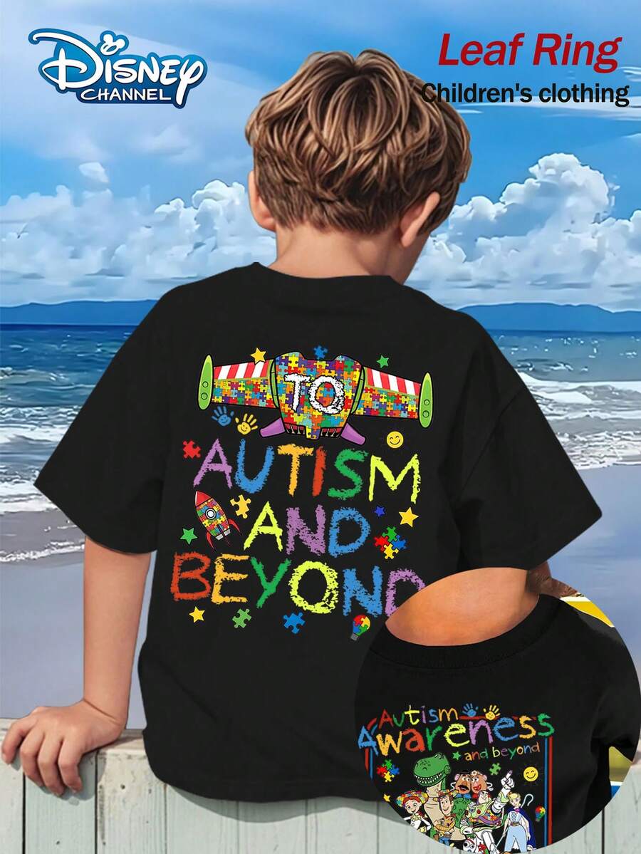 Toy Story Autism Awareness And Beyond Toy Summer Tops,Disney Print Graphic Tee, Perfect For Cool Boys. Teen Boy Gift,Comfortable And Breathable Children's Short-Sleeved T-Shirt. 180g Pure Cotton Children's Clothes,Suitable For Both Boys And Girls.Suitable For Daily Wear, Vacations, Outdoor Activities, And As A Children's Gift. - 黑色 - 查看 1