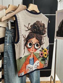 Stylish Women's Knit Sweater Vest With Quirky Girl Graphic Print, Regular Length And Soft Slight Stretch Knitwear,Vacation Outfits,Summer Tops. - Apricot - View 4