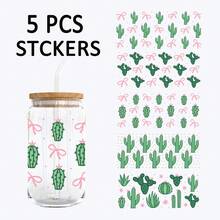 5pcs Cute Green Cactus Theme UV DTF Cup Stickers, Waterproof Scratch-Resistant 3D Crystal Stickers, Suitable For 16oz Glass Cups, Mugs, Crafts, Great For Decorating Personal Items! (4.3in X 9.4in) - 3 Types Of Cacti - View 1